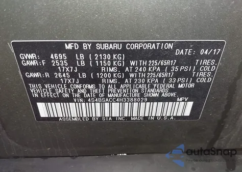 2017 Subaru Outback 2.5I Premium z USA, uszkodzony, nr VIN 4S4BSACC4H3388029